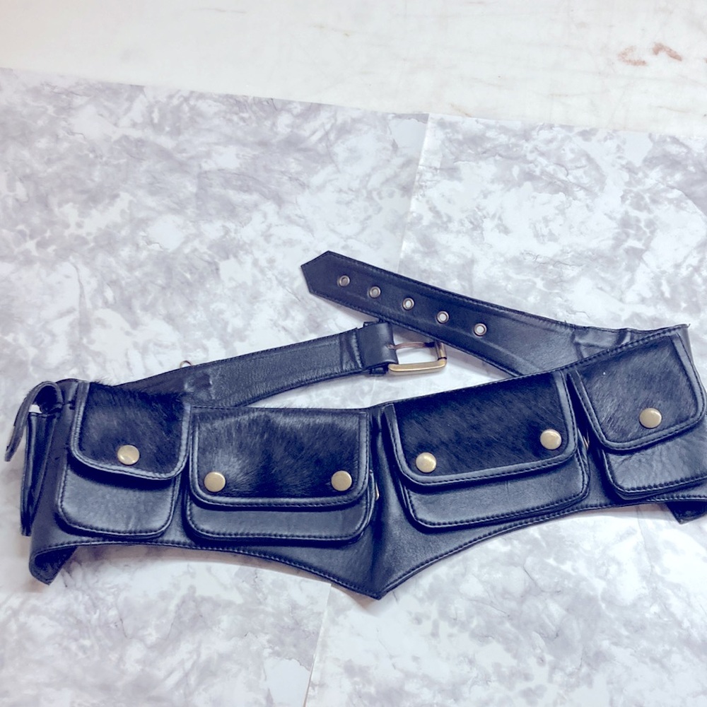 Black Leather & cowhide multi-pocket utility festival belt with points
